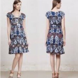 Anthropologie MEADOW RUE Blue Batik Gardenia Floral Jersey Dress